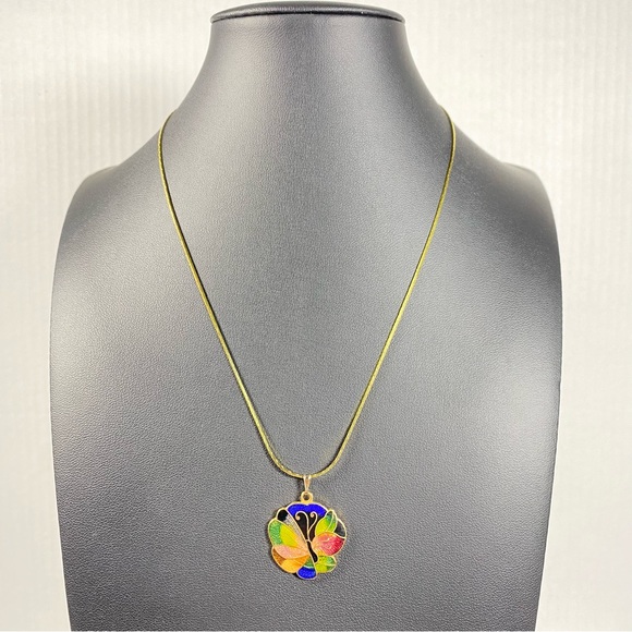 Cloisonné Butterfly Pendant On Gold Tone Chain Necklace - Picture 3 of 5